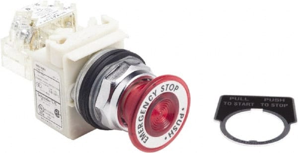 Schneider Electric - 30mm Mount Hole, Extended Straight, Pushbutton Switch with Contact Block - Red Pushbutton, Maintained (MA) - Exact Tooling