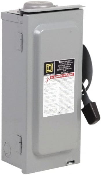 Square D - 60 Amp, 240 V, 2 Pole Fused Safety Switch - NEMA 3R, 10 hp at 240 VAC (Single Phase), 15 hp at 240 VAC (Triple Phase), DPST Contact Form - Exact Tooling