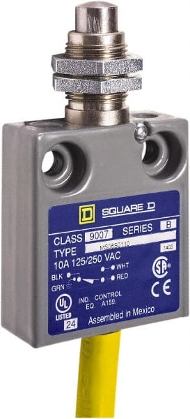 Square D - SPDT, NC/NO, 240 VAC, Prewired Terminal, Plunger Actuator, General Purpose Limit Switch - 1, 2, 4, 6, 6P NEMA Rating, IP67 IPR Rating, Panel Mount, 80 Ounce Operating Force - Exact Tooling