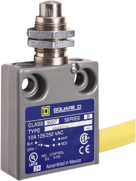 Square D - SPDT, NC/NO, 240 VAC, Prewired Terminal, Plunger Actuator, General Purpose Limit Switch - 1, 2, 4, 6, 6P NEMA Rating, IP67 IPR Rating, Panel Mount, 80 Ounce Operating Force - Exact Tooling