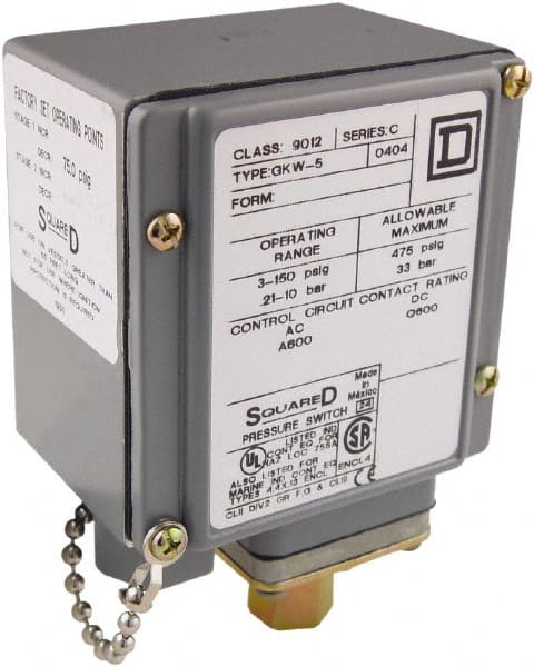 Square D - 4, 13 and 4X NEMA Rated, SPDT, 3 to 150 psi, Electromechanical Pressure and Level Switch - Fixed Pressure, 120 VAC at 6 Amp, 125 VDC at 0.22 Amp, 240 VAC at 3 Amp, 250 VDC at 0.27 Amp, 1/4 Inch Connector, Screw Terminal, For Use with 9012G - Exact Tooling