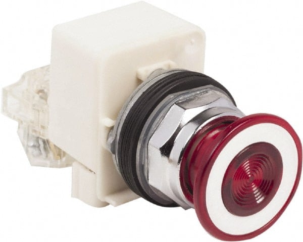 Schneider Electric - 30mm Mount Hole, Extended Straight, Pushbutton Switch with Contact Block - Red Pushbutton, Maintained (MA) - Exact Tooling