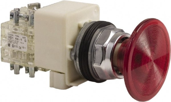 Schneider Electric - 30mm Mount Hole, Extended Mushroom Head, Pushbutton Switch Only - Round, Red Pushbutton, Nonilluminated, Maintained (MA), On-Off - Exact Tooling