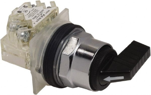 Schneider Electric - 1.18 Inch Mount Hole, 3 Position, Knob and Pushbutton Operated, Selector Switch - Black, Momentary (MO), NO/NC, Weatherproof and Dust and Oil Resistant - Exact Tooling