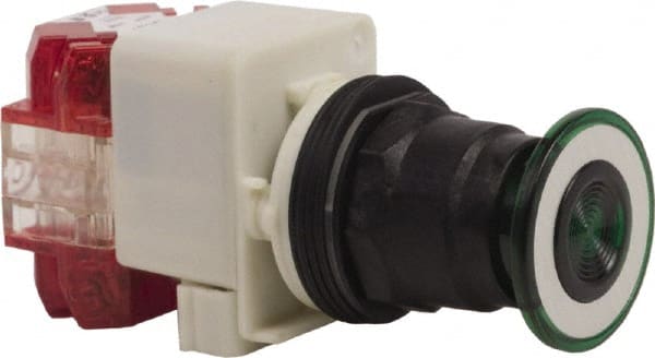 Schneider Electric - 30mm Mount Hole, Extended Straight, Pushbutton Switch with Contact Block - Green Pushbutton, Maintained (MA), Momentary (MO) - Exact Tooling