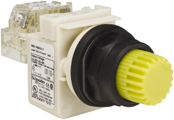 Schneider Electric - 1.22 Inch Mount Hole, Extended Straight, Pushbutton Switch with Contact Block - Round, Yellow Pushbutton, Illuminated, Momentary (MO), Anticorrosive, Dusttight, Oiltight, Watertight and Shock and Vibration Resistant - Exact Tooling