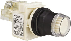 Schneider Electric - 1.22 Inch Mount Hole, Flush, Pushbutton Switch with Contact Block - Round, White Pushbutton, Illuminated, Momentary (MO), Anticorrosive, Dusttight, Oiltight, Watertight and Shock and Vibration Resistant - Exact Tooling
