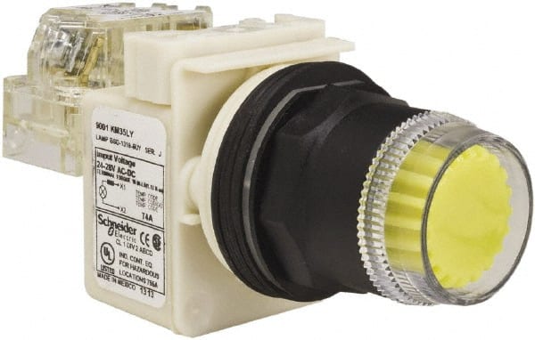Schneider Electric - 30mm Mount Hole, Extended Straight, Pushbutton Switch with Contact Block - Yellow Pushbutton, Momentary (MO) - Exact Tooling