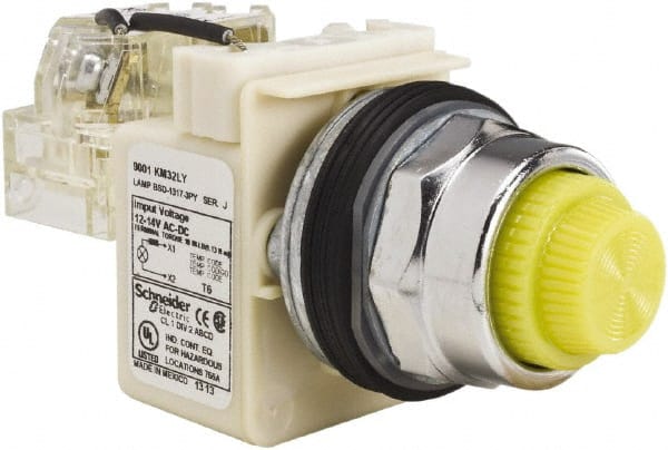 Schneider Electric - 12-14 VAC/VDC Yellow Lens LED Push-to-Test Pilot Light - Fresnel/Round Lens, Screw Clamp Connector, 104mm OAL x 54mm Wide, Dust-tight, Oiltight, Shock Resistant, Vibration Resistant, Watertight - Exact Tooling
