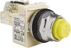 Schneider Electric - 12-14 VAC/VDC Yellow Lens LED Push-to-Test Pilot Light - Fresnel/Round Lens, Screw Clamp Connector, 104mm OAL x 54mm Wide, Dust-tight, Oiltight, Shock Resistant, Vibration Resistant, Watertight - Exact Tooling
