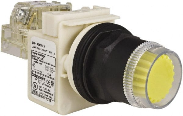 Schneider Electric - 30mm Mount Hole, Extended Straight, Pushbutton Switch with Contact Block - Yellow Pushbutton, Momentary (MO) - Exact Tooling