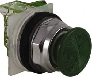 Schneider Electric - 30mm Mount Hole, Extended Straight, Pushbutton Switch with Contact Block - Green Pushbutton, Momentary (MO) - Exact Tooling