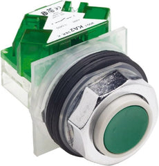 Schneider Electric - 30mm Mount Hole, Extended Straight, Pushbutton Switch with Contact Block - Green Pushbutton, Momentary (MO) - Exact Tooling