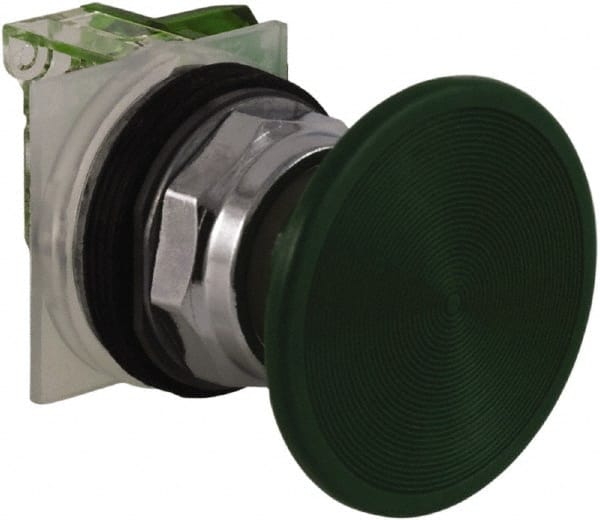 Schneider Electric - 30mm Mount Hole, Extended Straight, Pushbutton Switch with Contact Block - Green Pushbutton, Momentary (MO) - Exact Tooling