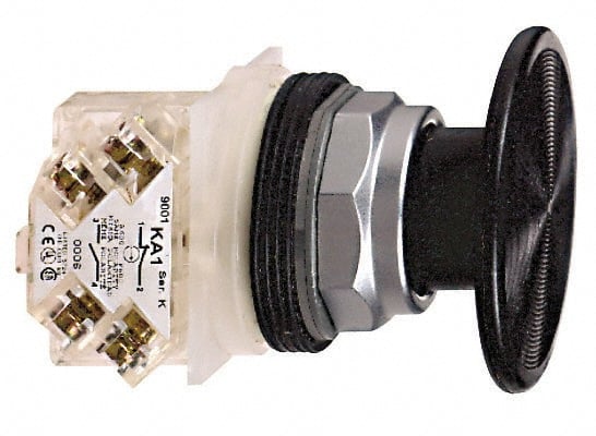 Schneider Electric - 30mm Mount Hole, Extended Mushroom Head, Pushbutton Switch with Contact Block - Round, Black Pushbutton, Momentary (MO) - Exact Tooling