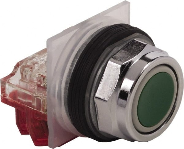 Schneider Electric - 30mm Mount Hole, Extended Straight, Pushbutton Switch with Contact Block - Green Pushbutton, Momentary (MO) - Exact Tooling