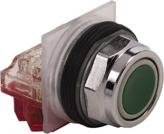 Schneider Electric - 30mm Mount Hole, Extended Straight, Pushbutton Switch with Contact Block - Green Pushbutton, Momentary (MO) - Exact Tooling