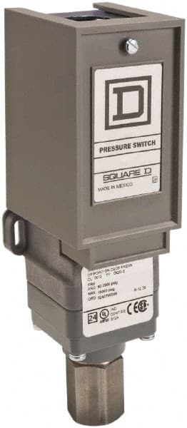 Square D - 1 NEMA Rated, SPDT, 170 to 5,600 psi, Electromechanical Pressure and Level Switch - Adjustable Pressure, 120 VAC at 6 Amp, 125 VDC at 0.22 Amp, 240 VAC at 3 Amp, 250 VDC at 0.27 Amp, 1/4 Inch Connector, Screw Terminal, For Use with 9012G - Exact Tooling
