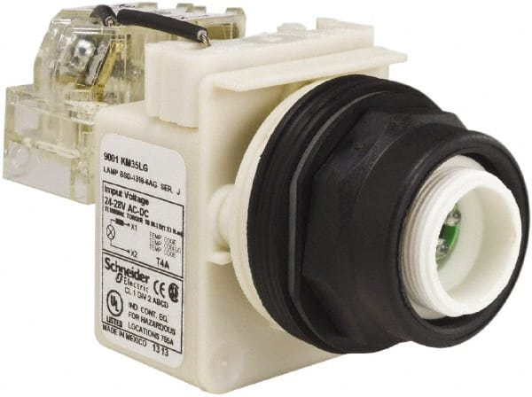 Schneider Electric - 28 V Green Lens LED Pilot Light - Round Lens, Screw Clamp Connector, 54mm OAL x 42mm Wide, Vibration Resistant - Exact Tooling