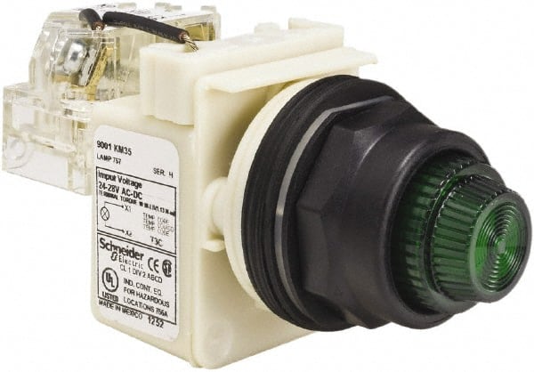 Schneider Electric - 24 V, 28 V Green Lens Press-to-Test Indicating Light - Round Lens, Screw Clamp Connector, Corrosion Resistant, Dust Resistant, Oil Resistant - Exact Tooling