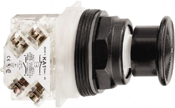 Schneider Electric - 30mm Mount Hole, Extended Mushroom Head, Pushbutton Switch with Contact Block - Round, Black Pushbutton, Maintained (MA) - Exact Tooling