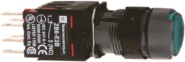 Schneider Electric - 16mm Mount Hole, Flush, Pushbutton Switch with Contact Block - Round, Green Pushbutton, Illuminated, Momentary (MO) - Exact Tooling