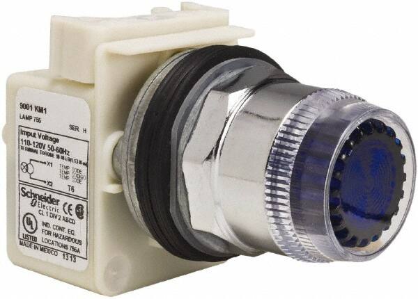 Schneider Electric - 1.18 Inch Mount Hole, Extended Straight, Pushbutton Switch Only - Round, Blue Pushbutton, Illuminated, Momentary (MO), Weatherproof, Dust and Oil Resistant - Exact Tooling