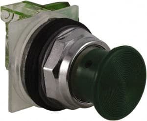 Schneider Electric - 30mm Mount Hole, Extended Straight, Pushbutton Switch with Contact Block - Green Pushbutton, Momentary (MO) - Exact Tooling