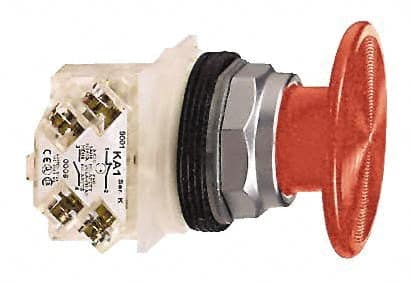 Schneider Electric - 30mm Mount Hole, Extended Mushroom Head, Pushbutton Switch with Contact Block - Round, Red Pushbutton, Momentary (MO) - Exact Tooling