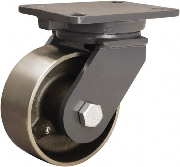 Hamilton - 6" Diam x 2-1/2" Wide x 8" OAH Top Plate Mount Swivel Caster - Forged Steel, 3,500 Lb Capacity, Straight Roller Bearing, 5-1/4 x 7-1/4" Plate - Exact Tooling