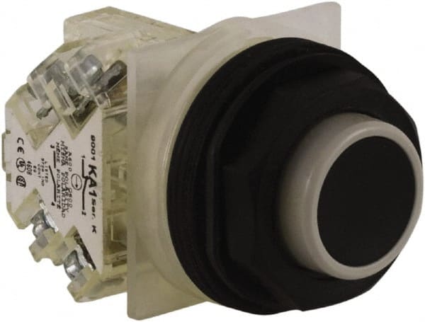 Schneider Electric - 30mm Mount Hole, Extended Straight, Pushbutton Switch with Contact Block - Black Pushbutton, Momentary (MO) - Exact Tooling
