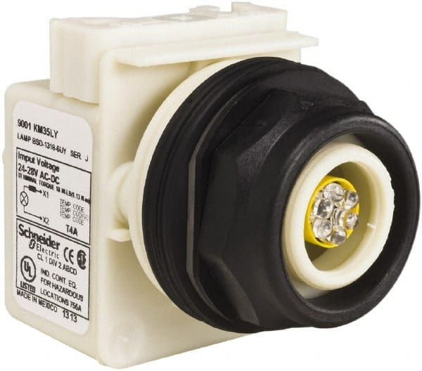 Schneider Electric - 28 V Yellow Lens LED Pilot Light - Round Lens, Screw Clamp Connector, 54mm OAL x 42mm Wide, Vibration Resistant - Exact Tooling