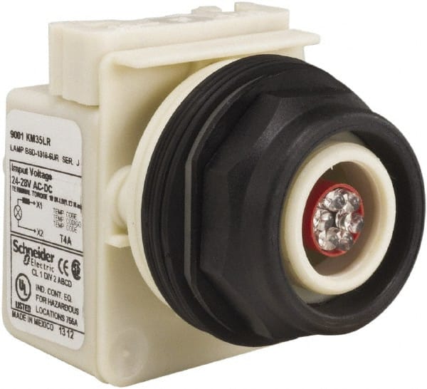 Schneider Electric - 28 V Red Lens LED Pilot Light - Round Lens, Screw Clamp Connector, 54mm OAL x 42mm Wide, Vibration Resistant - Exact Tooling