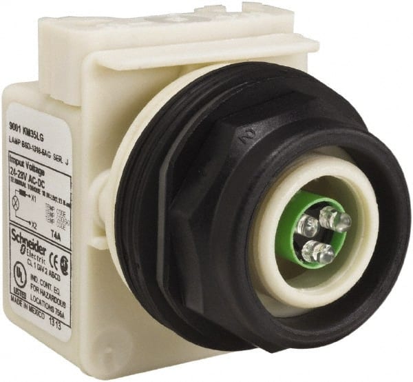 Schneider Electric - 28 V Green Lens LED Pilot Light - Round Lens, Screw Clamp Connector, 54mm OAL x 42mm Wide, Vibration Resistant - Exact Tooling