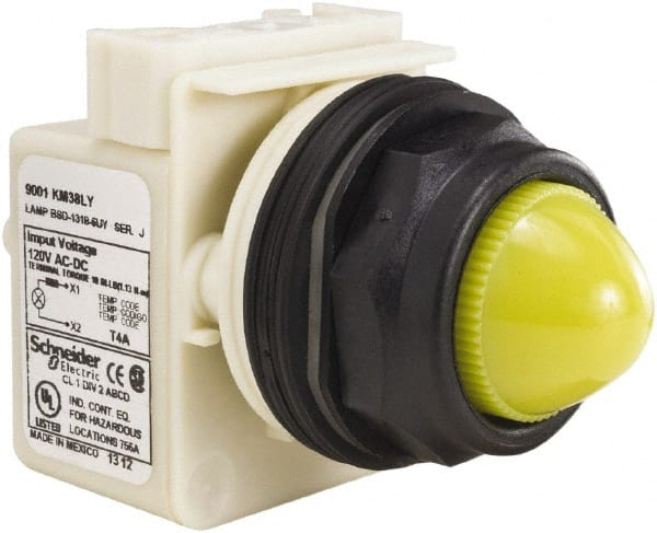 Schneider Electric - 120 V Yellow Lens LED Indicating Light - Round Lens, Screw Clamp Connector, Corrosion Resistant, Dust Resistant, Oil Resistant - Exact Tooling