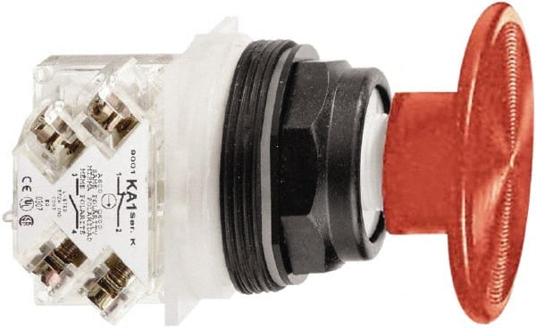 Schneider Electric - 30mm Mount Hole, Extended Mushroom Head, Pushbutton Switch with Contact Block - Round, Red Pushbutton, Momentary (MO) - Exact Tooling