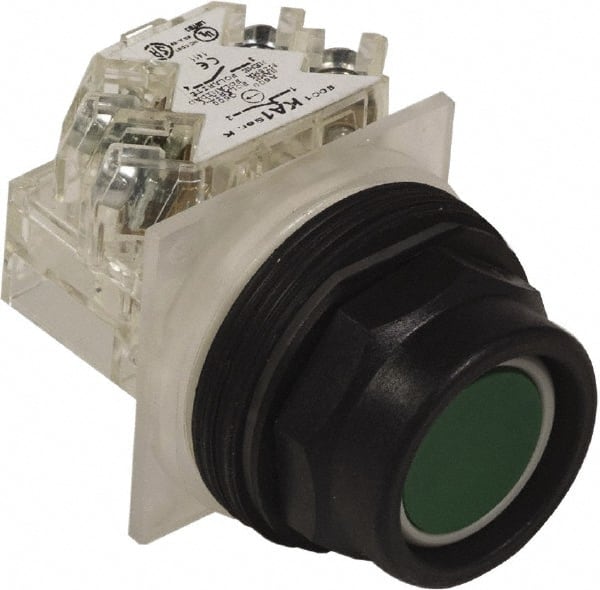 Schneider Electric - 30mm Mount Hole, Extended Straight, Pushbutton Switch with Contact Block - Green Pushbutton, Momentary (MO) - Exact Tooling