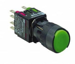 Schneider Electric - 16mm Mount Hole, Flush, Pushbutton Switch with Contact Block - Round, Green Pushbutton, Momentary (MO) - Exact Tooling