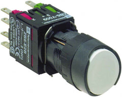 Schneider Electric - 16mm Mount Hole, Flush, Pushbutton Switch with Contact Block - Round, White Pushbutton, Nonilluminated, Momentary (MO), Anticorrosive, Dusttight, Watertight and Shock and Vibration Resistant - Exact Tooling