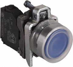 Schneider Electric - 22mm Mount Hole, Extended Straight, Pushbutton Switch with Contact Block - Round, Blue Pushbutton, Momentary (MO) - Exact Tooling