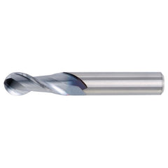 ‎3/8″ Dia. × 3/8″ Shank × 1-1/2″ DOC × 4″ OAL, Carbide TiCN, 2 Flute, CW|37° Helix, Round, Ballnose End Mill - Exact Tooling