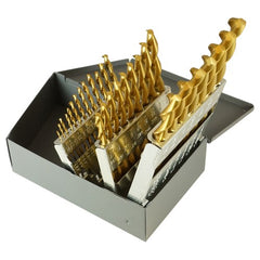 ‎1/16-1/2 RHS / RHC HSS 135 Degree Split Point Deep Hole Parabolic Jobber Length Drill Set - TiN - Exact Tooling