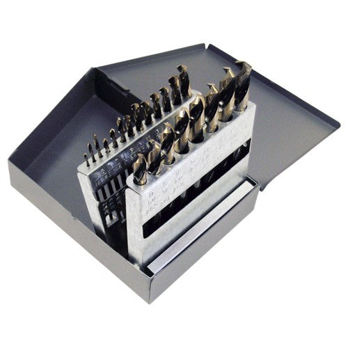 ‎1/16-3/8 RHS / RHC HSS 135 Degree Split Point Heavy Duty Black & Gold Mechanics Length Drill Set - Black & Gold - Exact Tooling