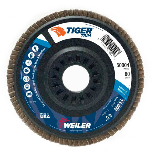 4-1/2″ Tiger Disc Abrasive Flap Disc, Angled, Trimmable Backing, 80Z, 7/8″ Arbor Hole - Exact Tooling
