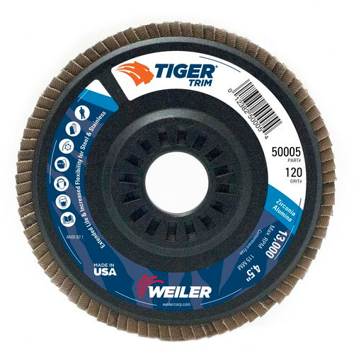 4-1/2″ Tiger Disc Abrasive Flap Disc, Angled, Trimmable Backing, 120Z, 7/8″ Arbor Hole - Exact Tooling