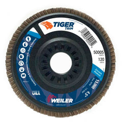 4-1/2″ Tiger Disc Abrasive Flap Disc, Angled, Trimmable Backing, 120Z, 7/8″ Arbor Hole - Exact Tooling