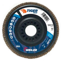5″ Tiger Disc Abrasive Flap Disc, Angled, Trimmable Backing, 40Z, 7/8″ Arbor Hole - Exact Tooling