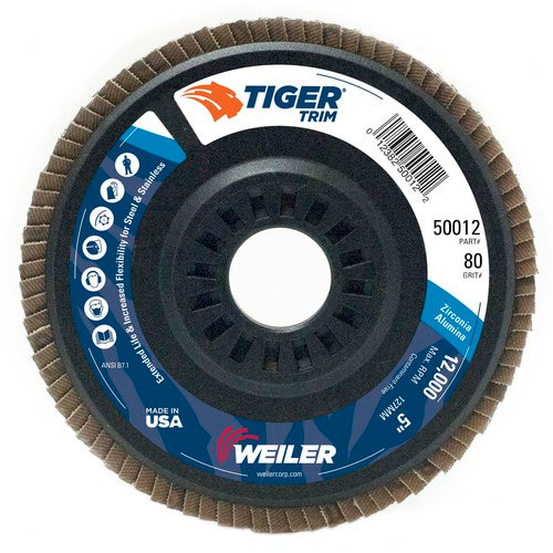 5″ Tiger Disc Abrasive Flap Disc, Angled, Trimmable Backing, 80Z, 7/8″ Arbor Hole - Exact Tooling