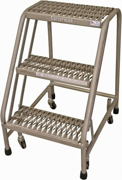Cotterman - 30" 3 Step Rolling Warehouse Ladder - Rolling Safety Ladder, 450 Lb Capacity, 30" Platform Height, 21" Base Width x 27" Base Depth, Serrated Steel - Exact Tooling