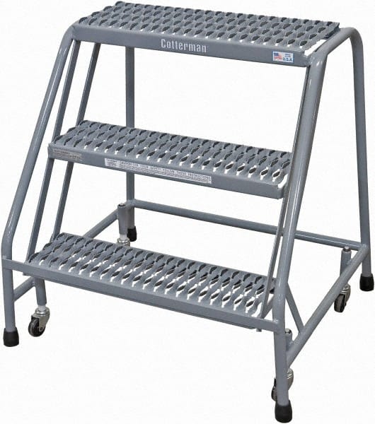 Cotterman - 30" 3 Step Rolling Warehouse Ladder - Rolling Safety Ladder, 450 Lb Capacity, 30" Platform Height, 30" Base Width x 27" Base Depth, Expanded Metal Tread - Exact Tooling